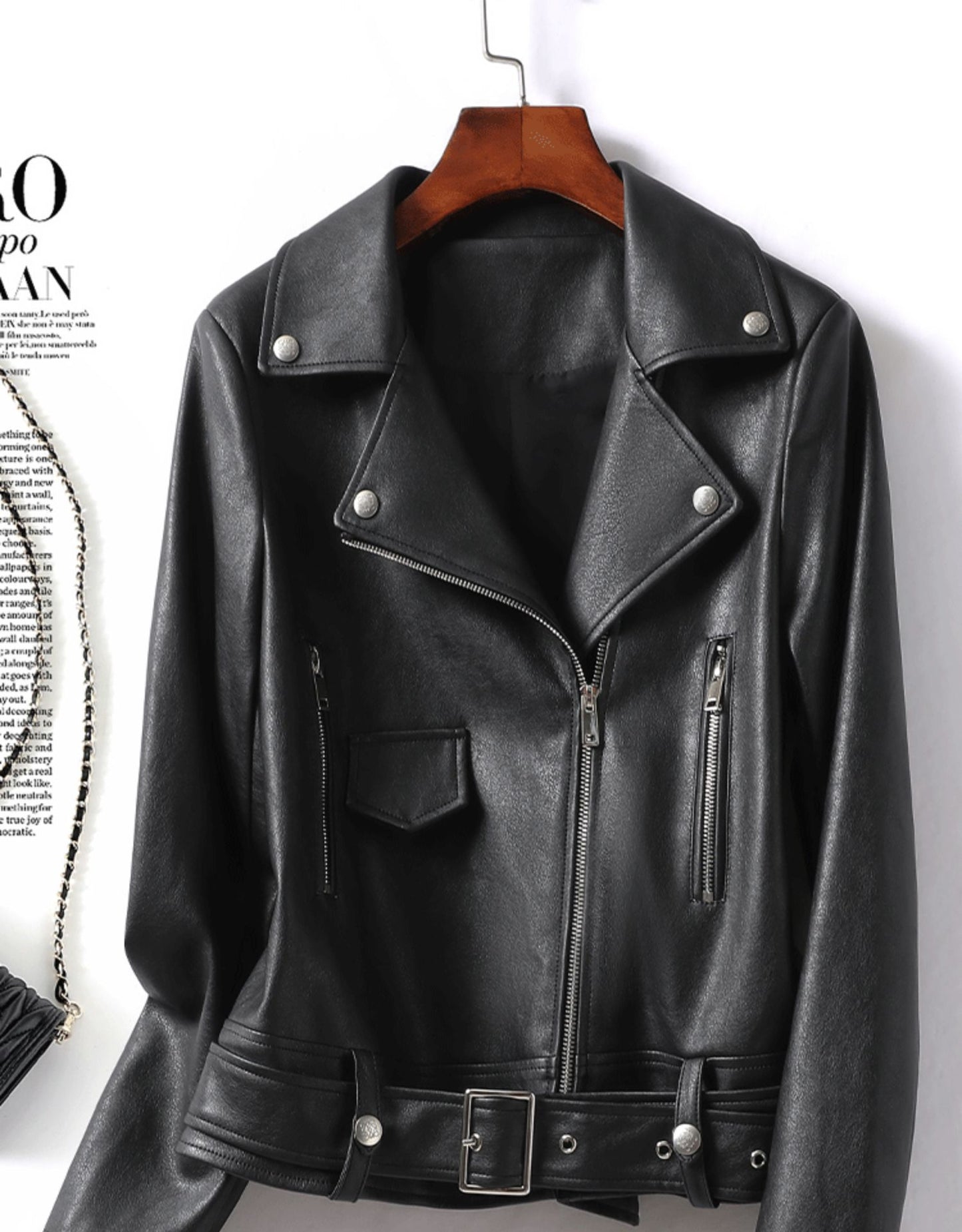 Women’s Leather Bomber Jacket Moto Style Zip Belted