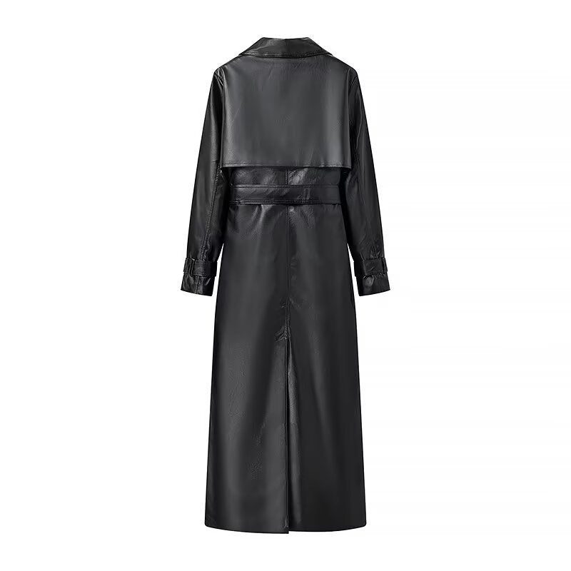 Women’s Faux Leather Belted Trench Coat Long Jacket