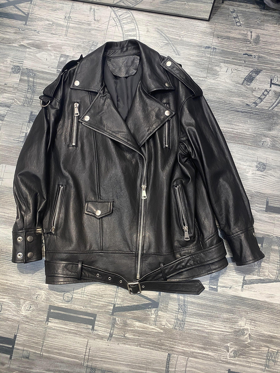 Women Oversized Genuine Leather Motorcycle Jacket Retro Washed