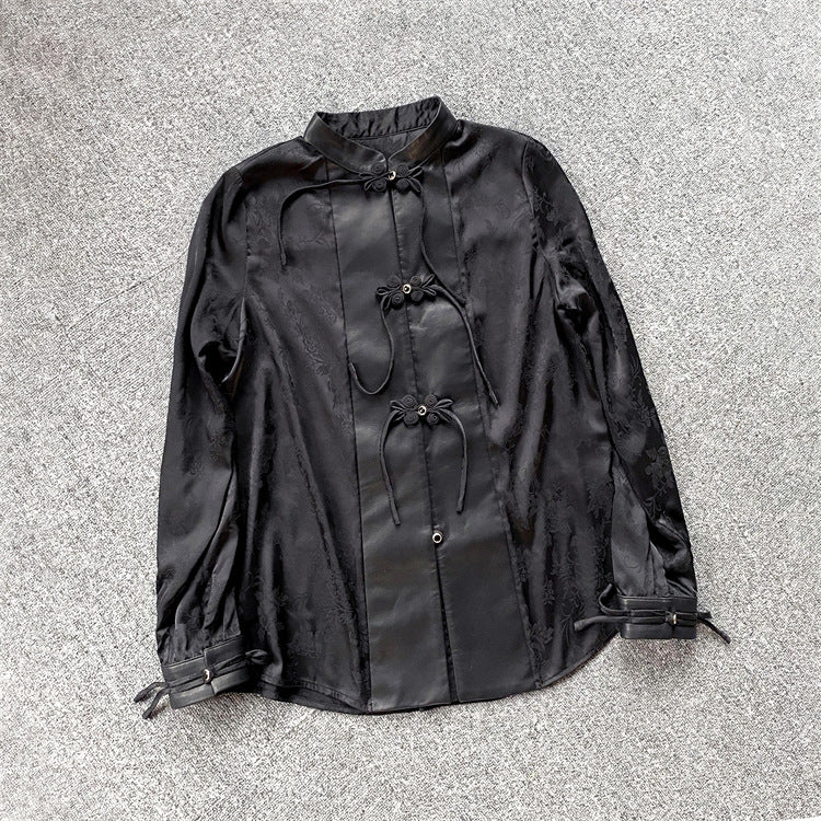 Leather Top for Women with Jacquard Sleeves and Mandarin Collar