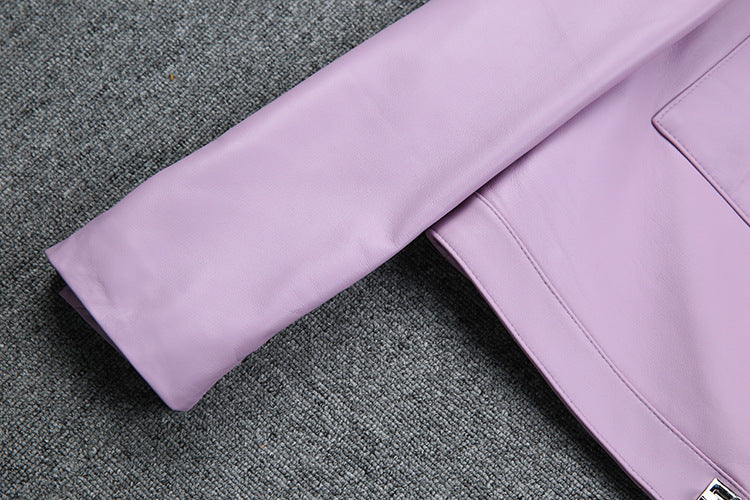 Women Cropped Pink Leather Jacket With Metal Lock