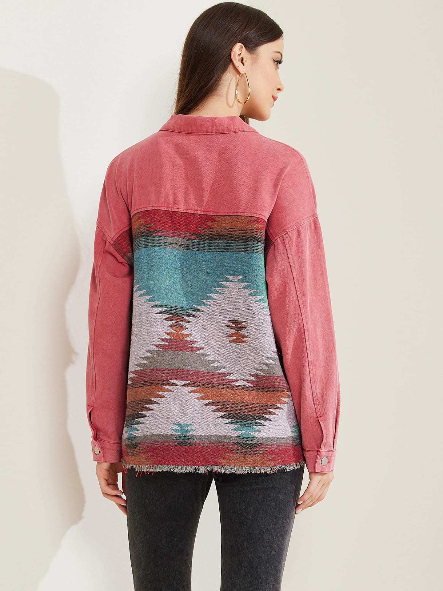 Oversized Denim Jacket for Women with Tribal Woven Back