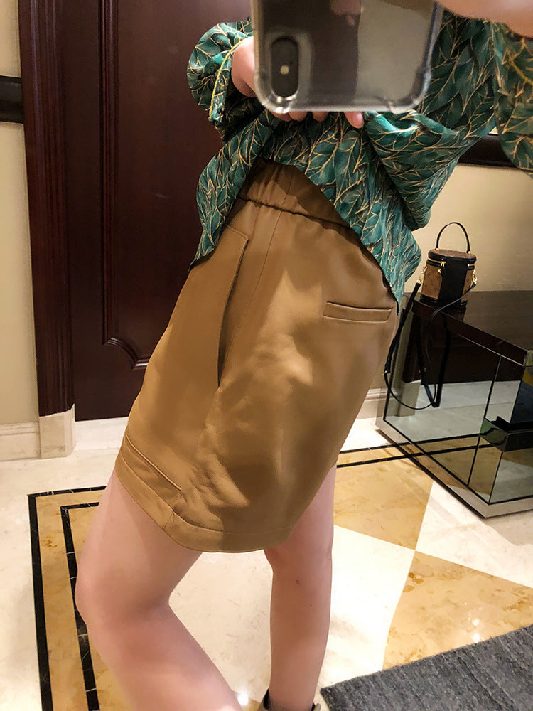 Women’s Genuine Sheepskin Leather High Waist Shorts with Pockets