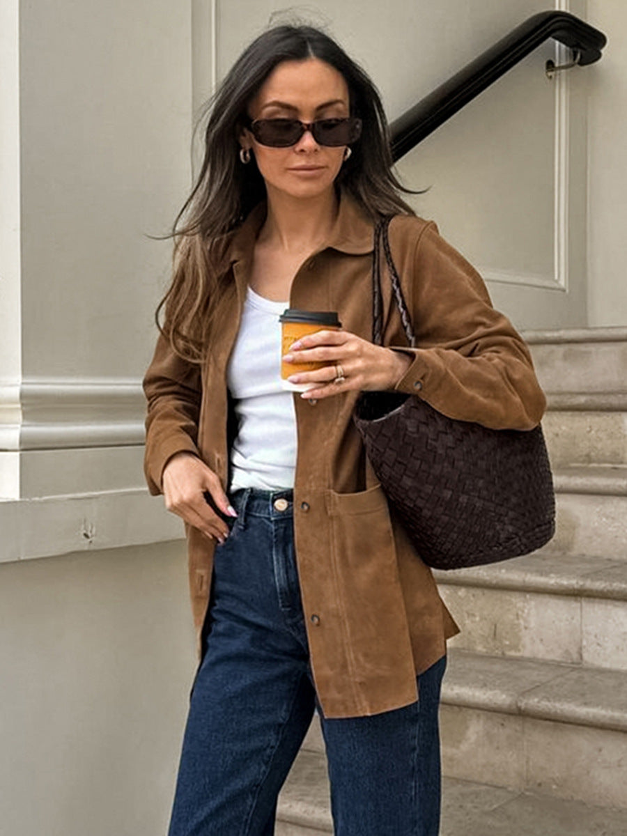 Brown Faux Suede Jacket Women’s Long Sleeve Lapel Coat with Pockets