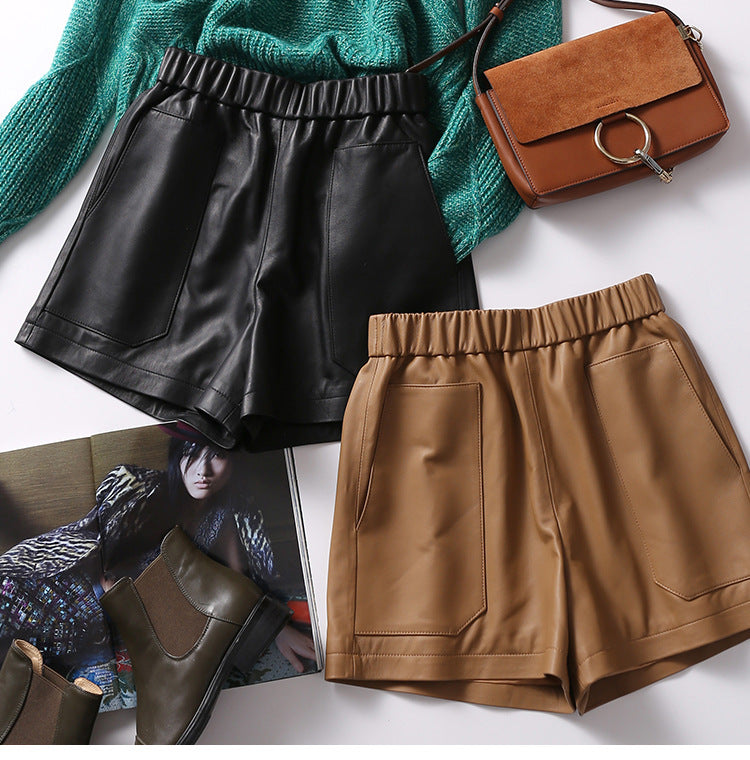 Women’s Genuine Sheepskin Leather High Waist Shorts with Pockets