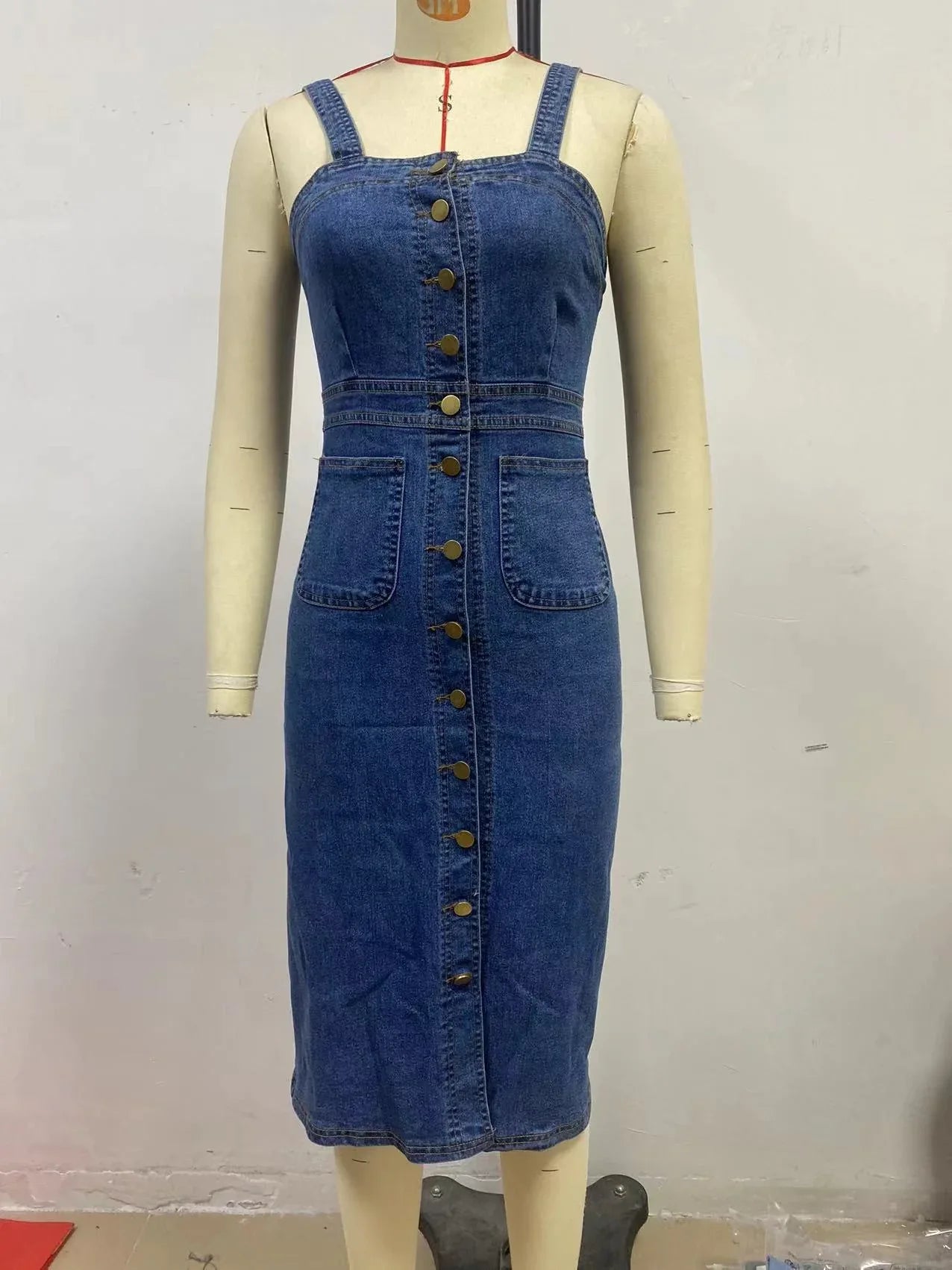 Sleeveless Button Front Denim Midi Dress