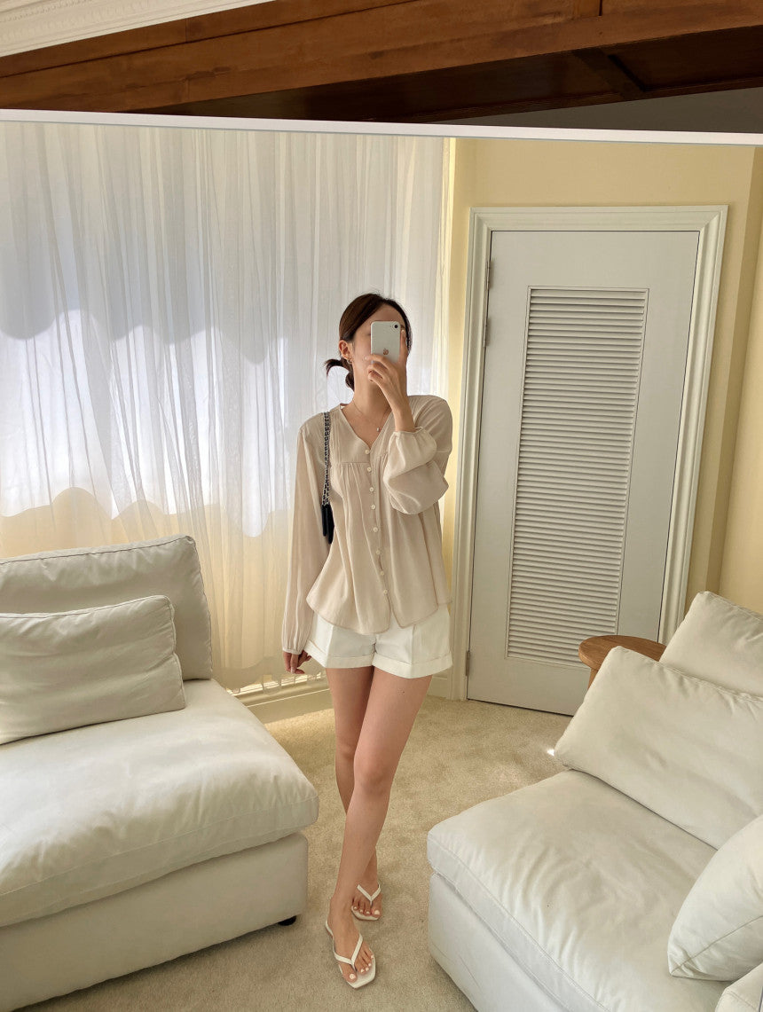 Women's Button Front Puff Sleeve Blouse