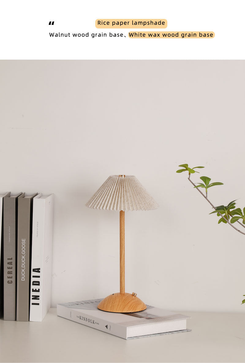 Nordic Pleated Table Lamp Rechargeable LED Wooden Base Bedside Light