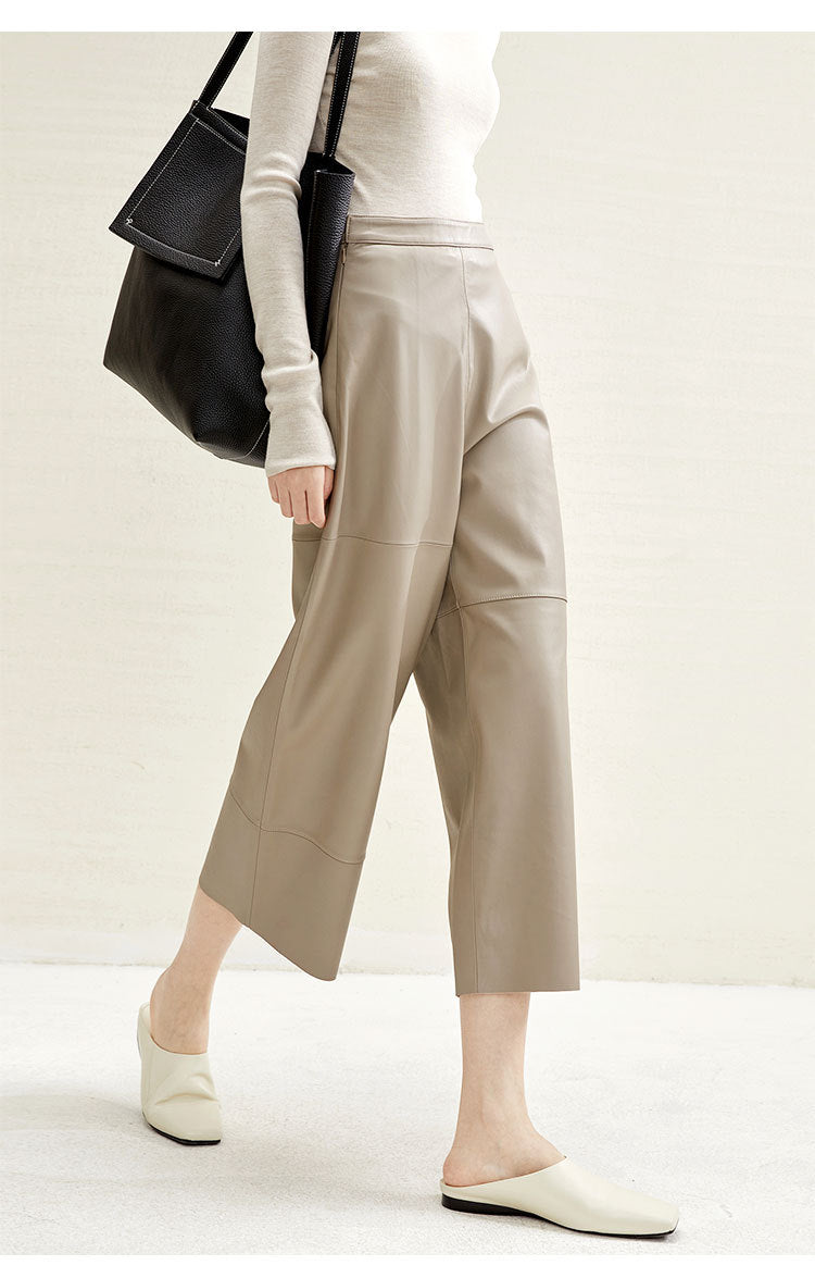 High Rise Leather Elephant Style Pants Straight Leg Midi Culotte