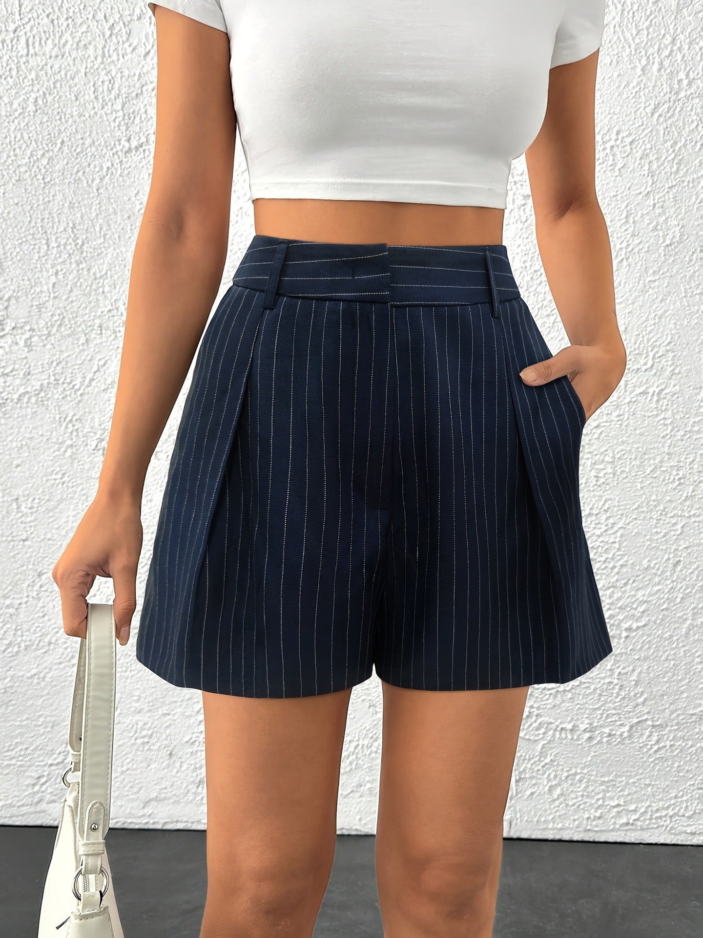 Navy Pinstripe High Waist Double Pocket Women’s Shorts