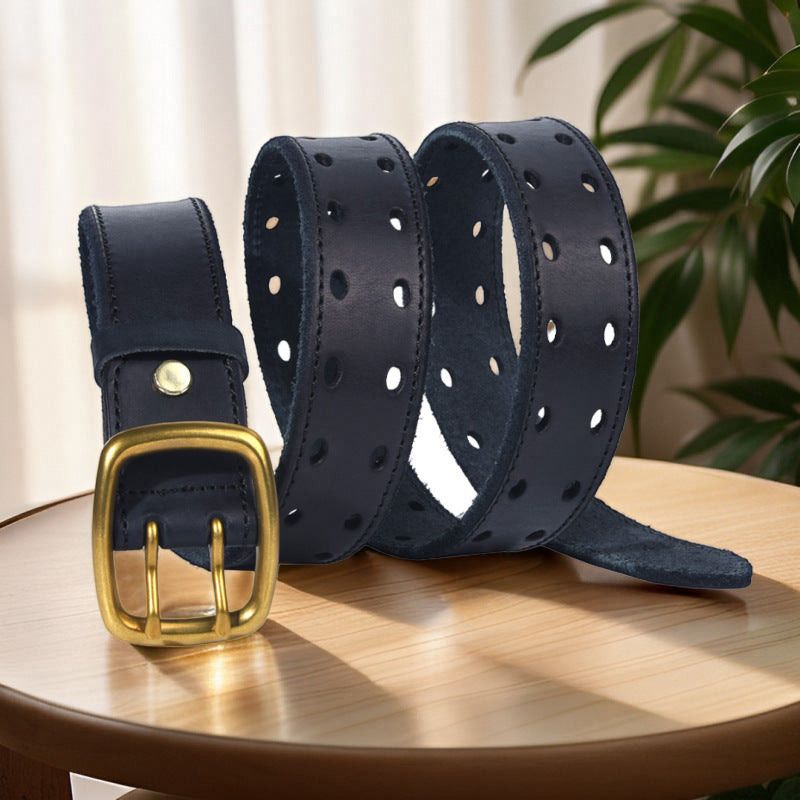 Men’s Genuine Leather Belt with Double Row Holes