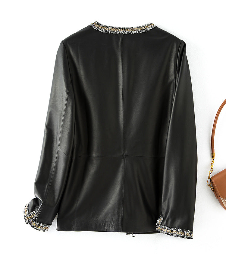 Women’s Leather Jacket with Chain Trim and Tweed Edge