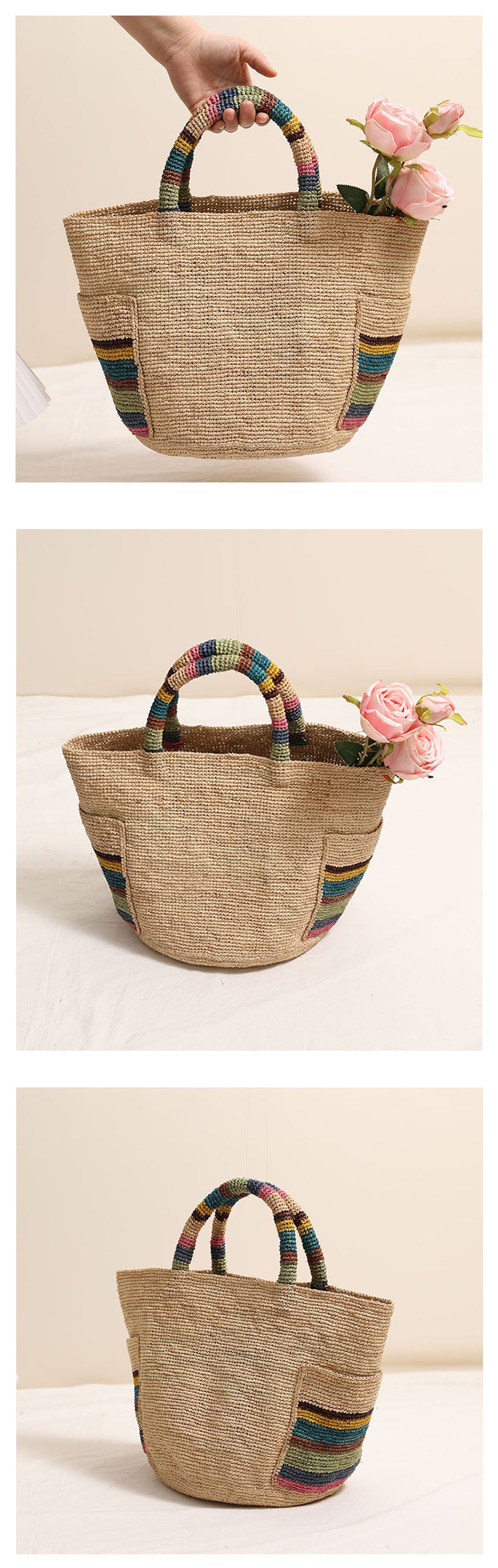 Woven Summer Straw Raffia Tote with Rainbow Handles