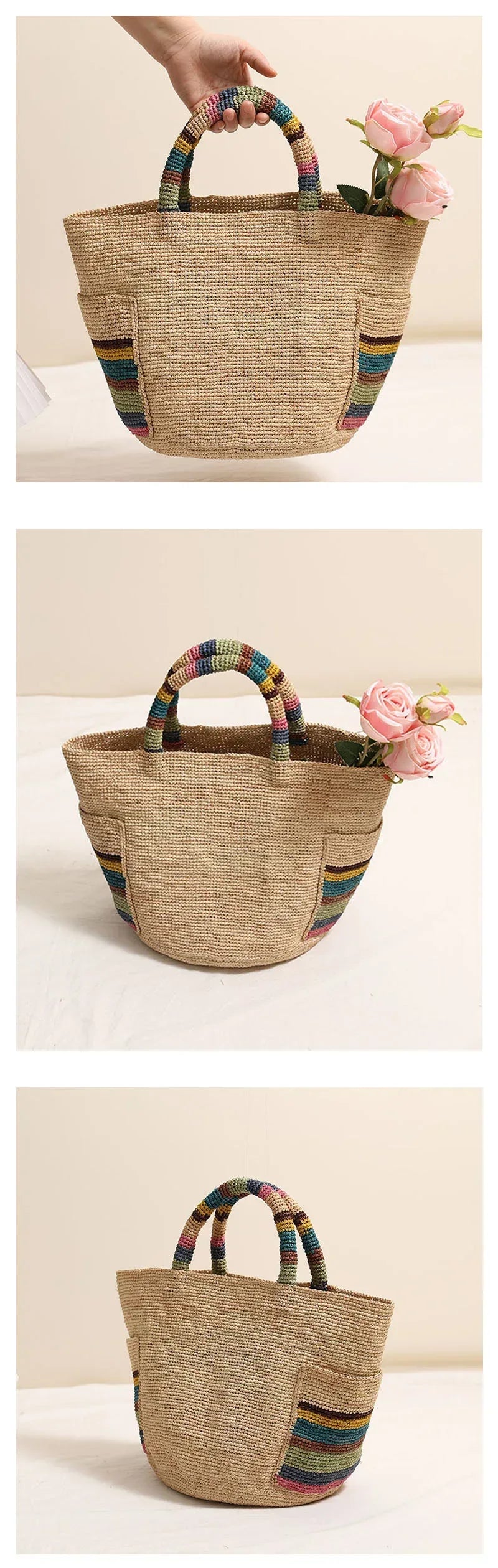 Woven Summer Straw Raffia Tote with Rainbow Handles