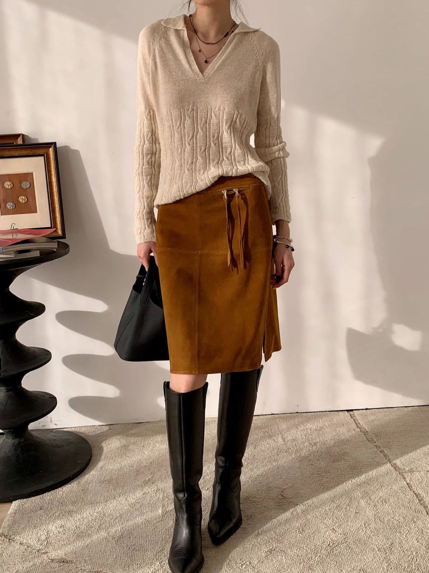 Genuine Leather Suede Skirt with Zipper Tassel and Side Slit