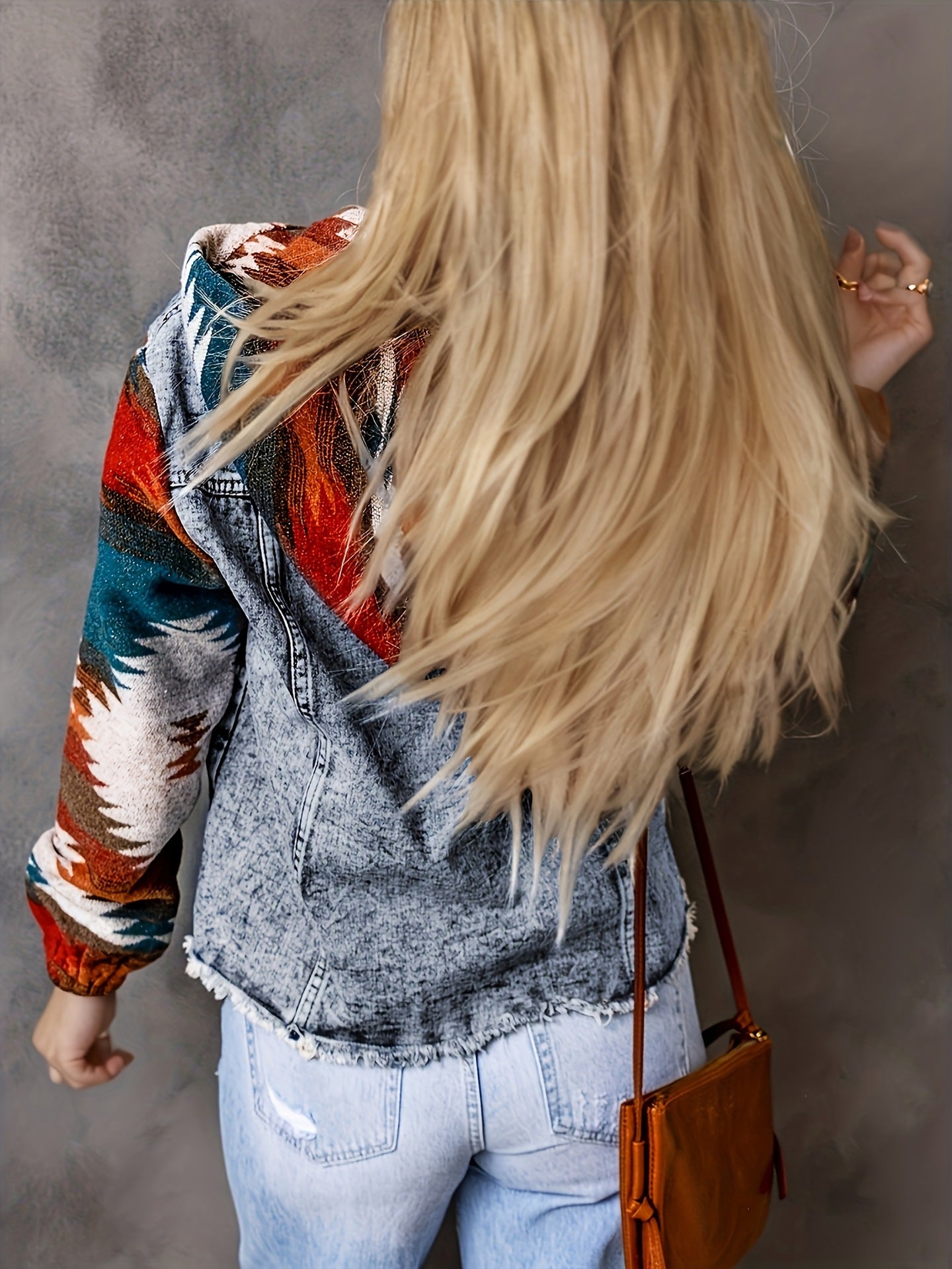 Oversized Aztec Denim Jacket with Hood and Tribal Sleeves