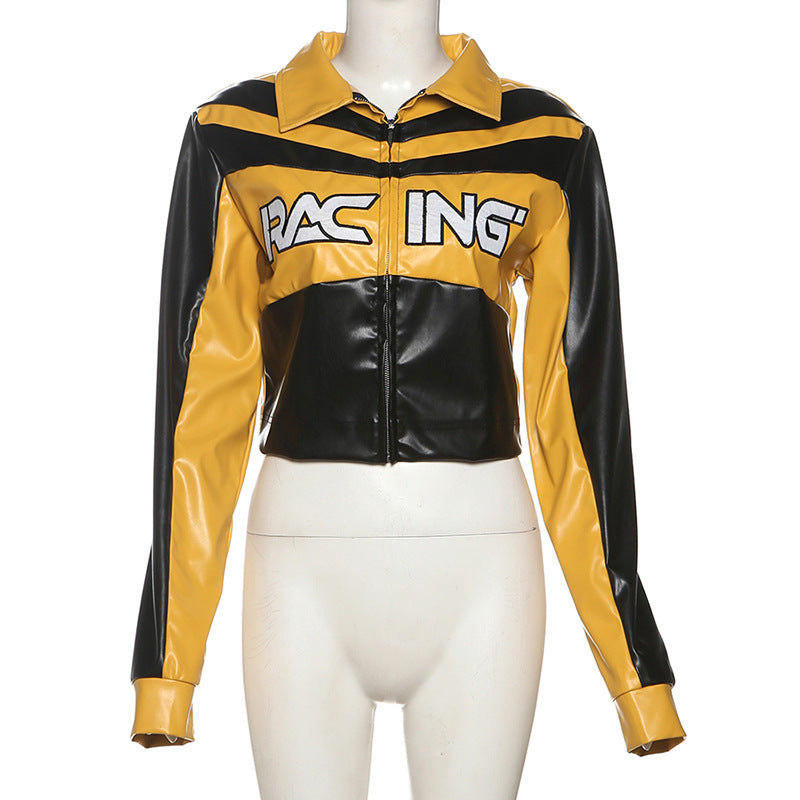 Yellow and Black Faux Leather Biker Jacket Women