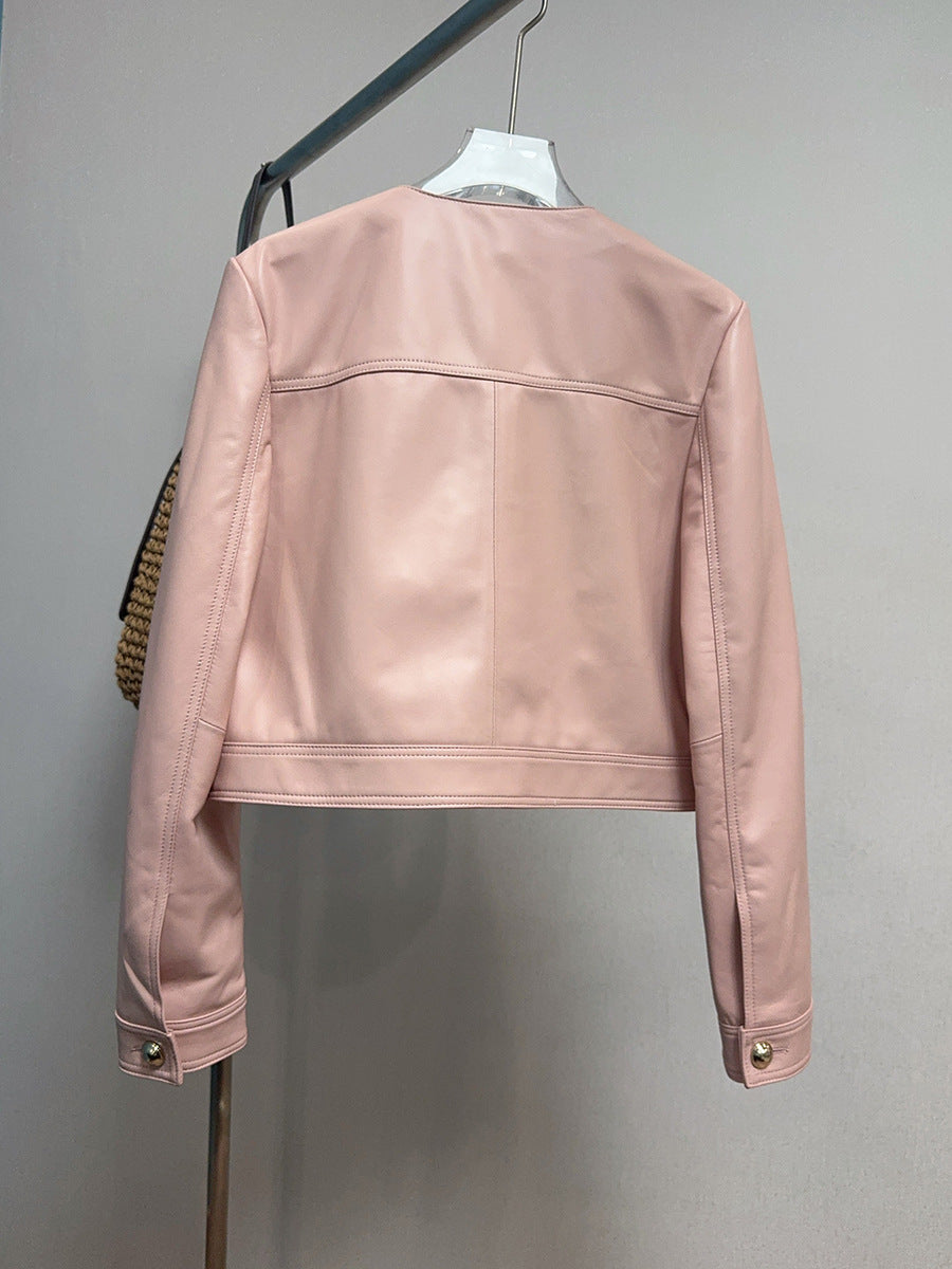 Women Cropped Leather Jacket Round Neck with Gold Buttons