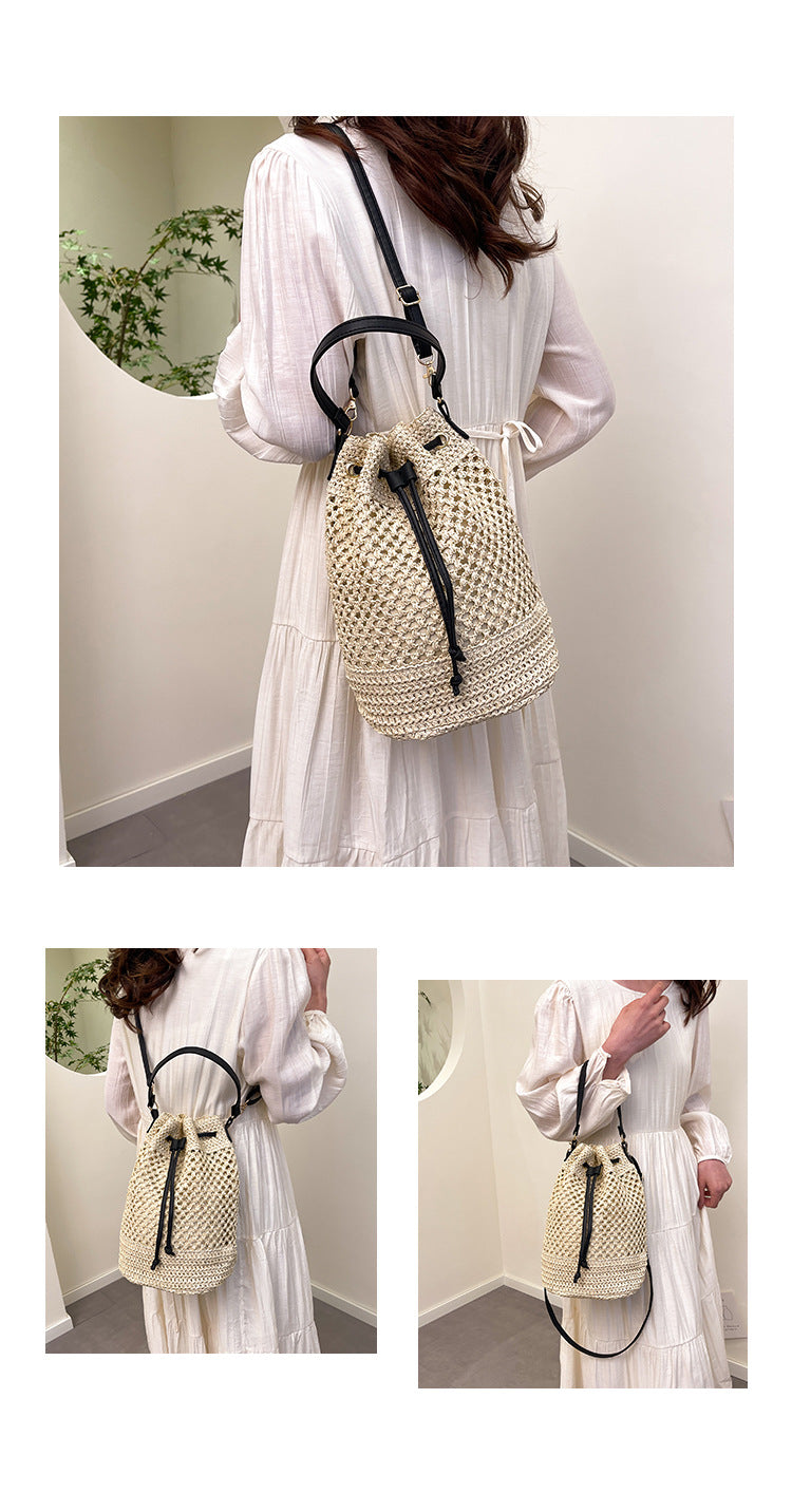 Straw Beach Bucket Bag for Women with Leather Strap