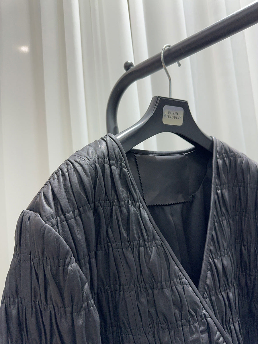 Women Leather Pleated Jacket Quilted V-Neck Short Coat