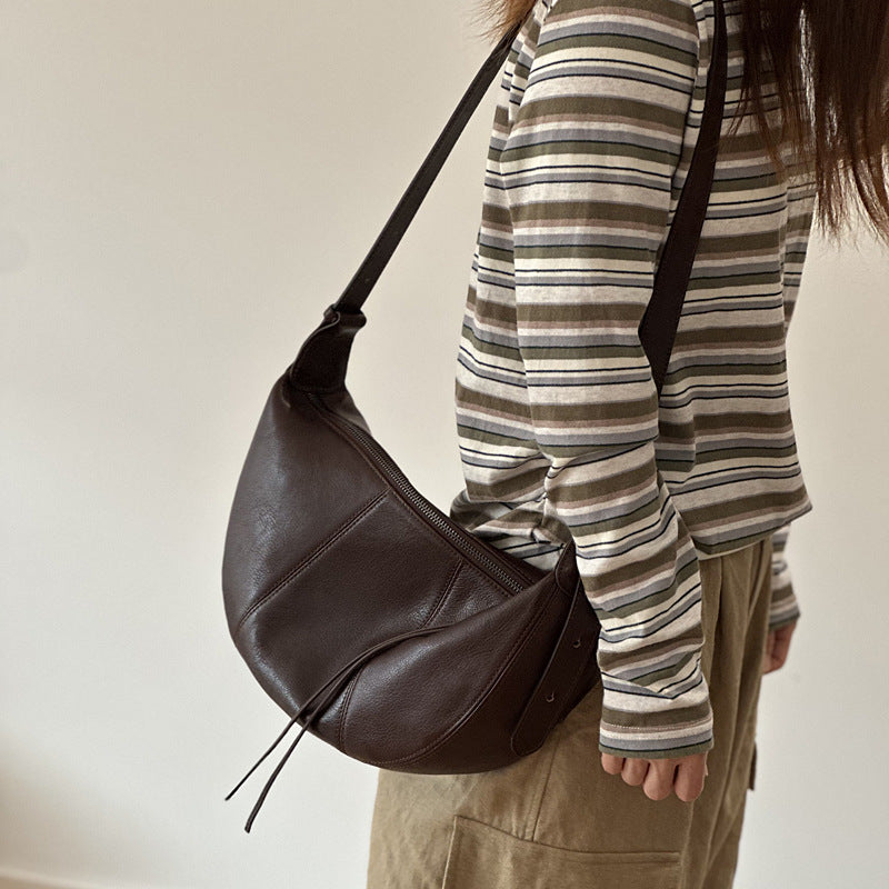 Brown Full Grain Leather Messenger Crossbody Bag for Women