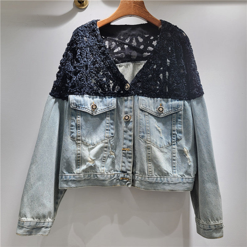 Women Spliced Denim Cropped Jacket with Lace Overlay