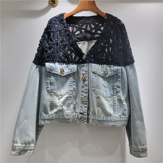 Women Spliced Denim Cropped Jacket with Lace Overlay