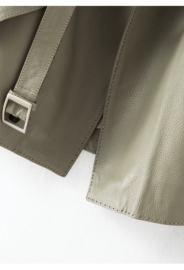 Women Leather Jacket Lychee Grain Belted Short Coat