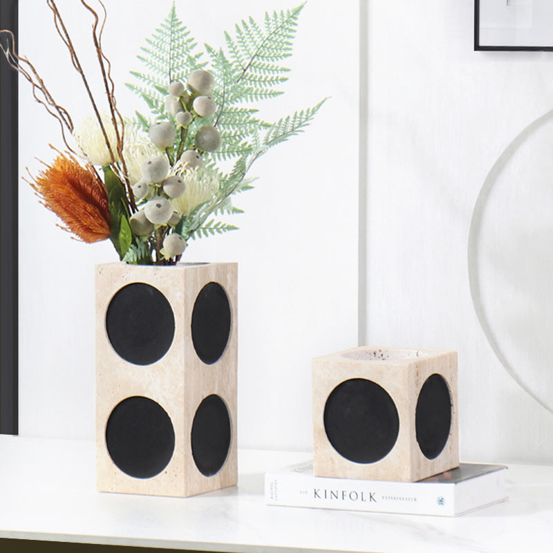 Modern Light Luxury Marble Vase with Circular Inlays for Living Room