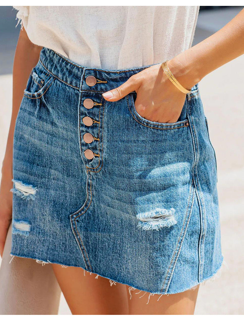 Ripped Washed Denim Mini Skirt with Multi-Button Front