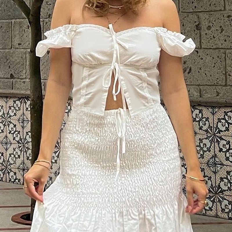 Lace Patchwork Tie Front Puff Sleeve Crop Top