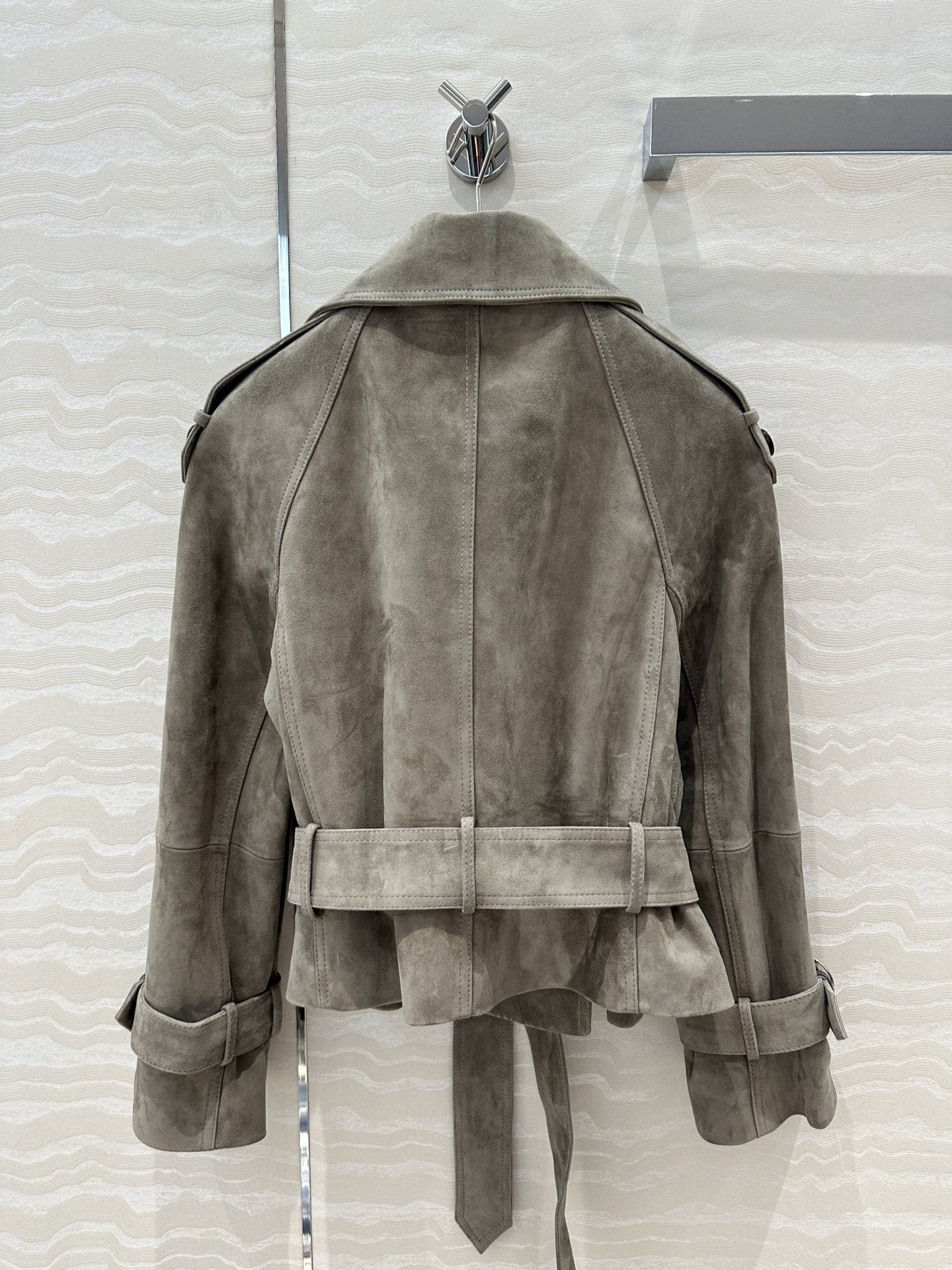 Women Cropped Suede Short Trench Jacket with Belt