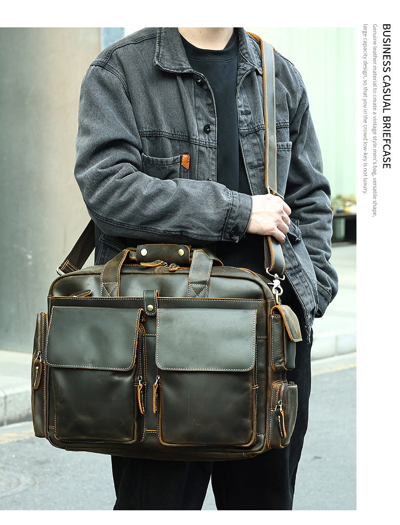 Genuine Leather Office Bag with Trolley Strap
