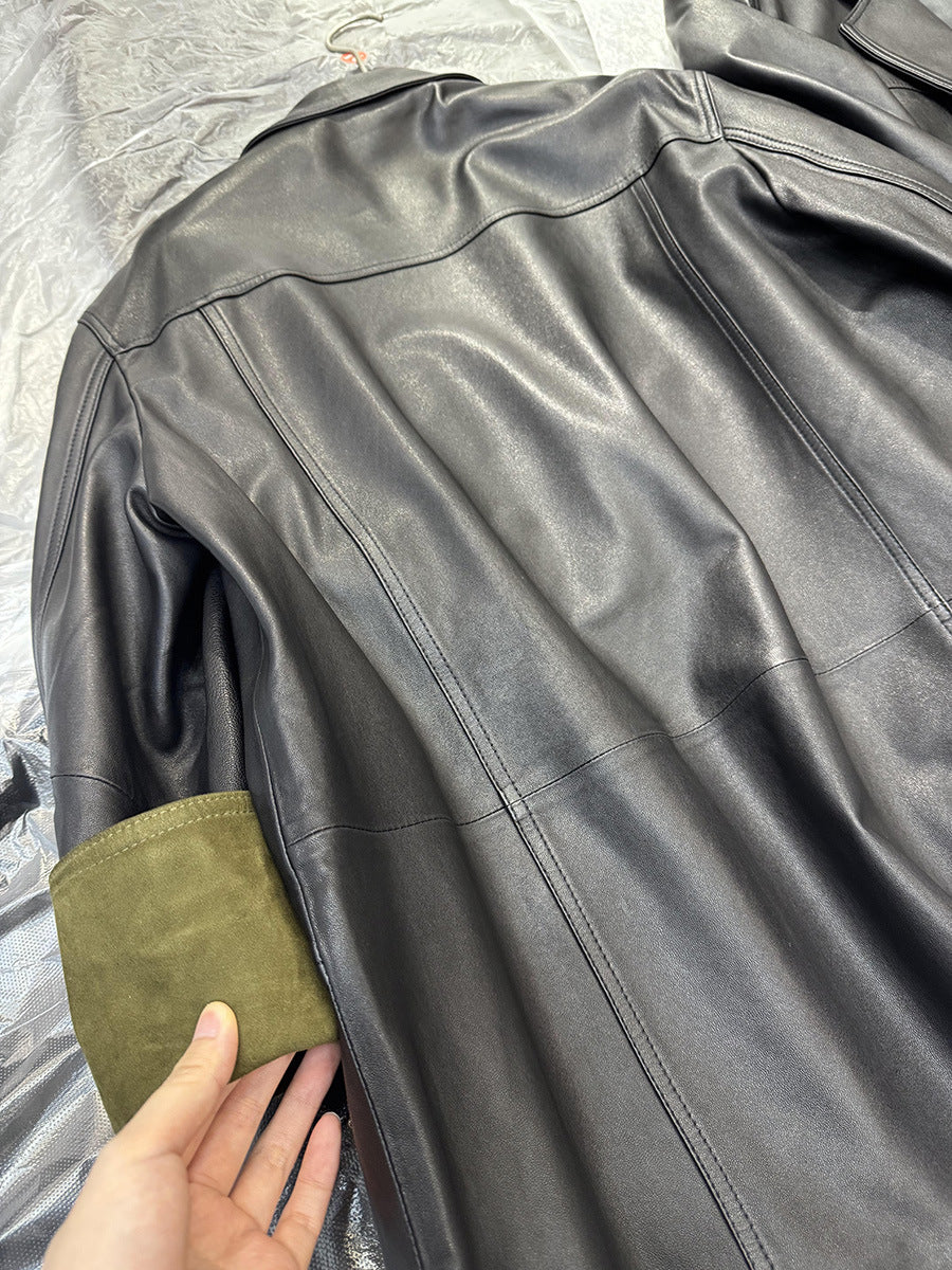 Women Leather Jacket Mid-Length Blazer with Suede Cuffs