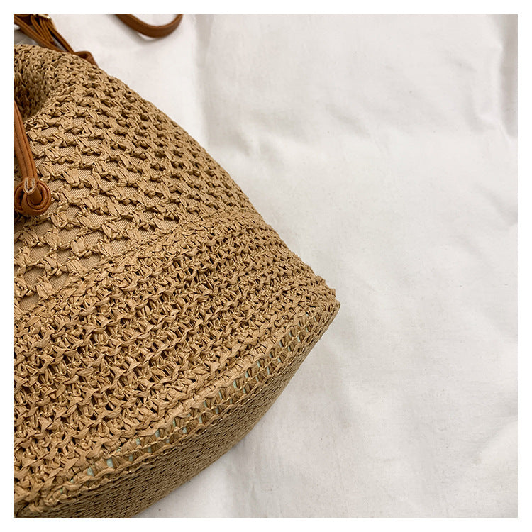 Straw Beach Bucket Bag for Women with Leather Strap