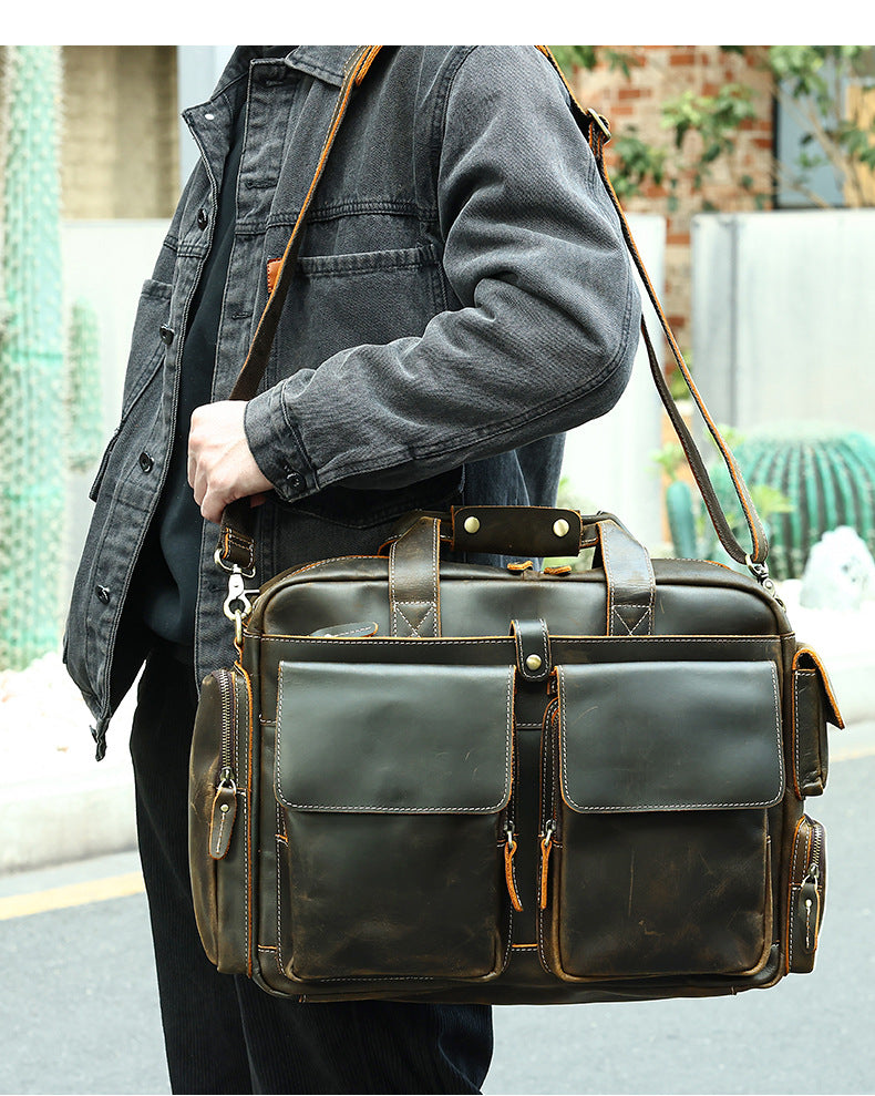Genuine Leather Office Bag with Trolley Strap