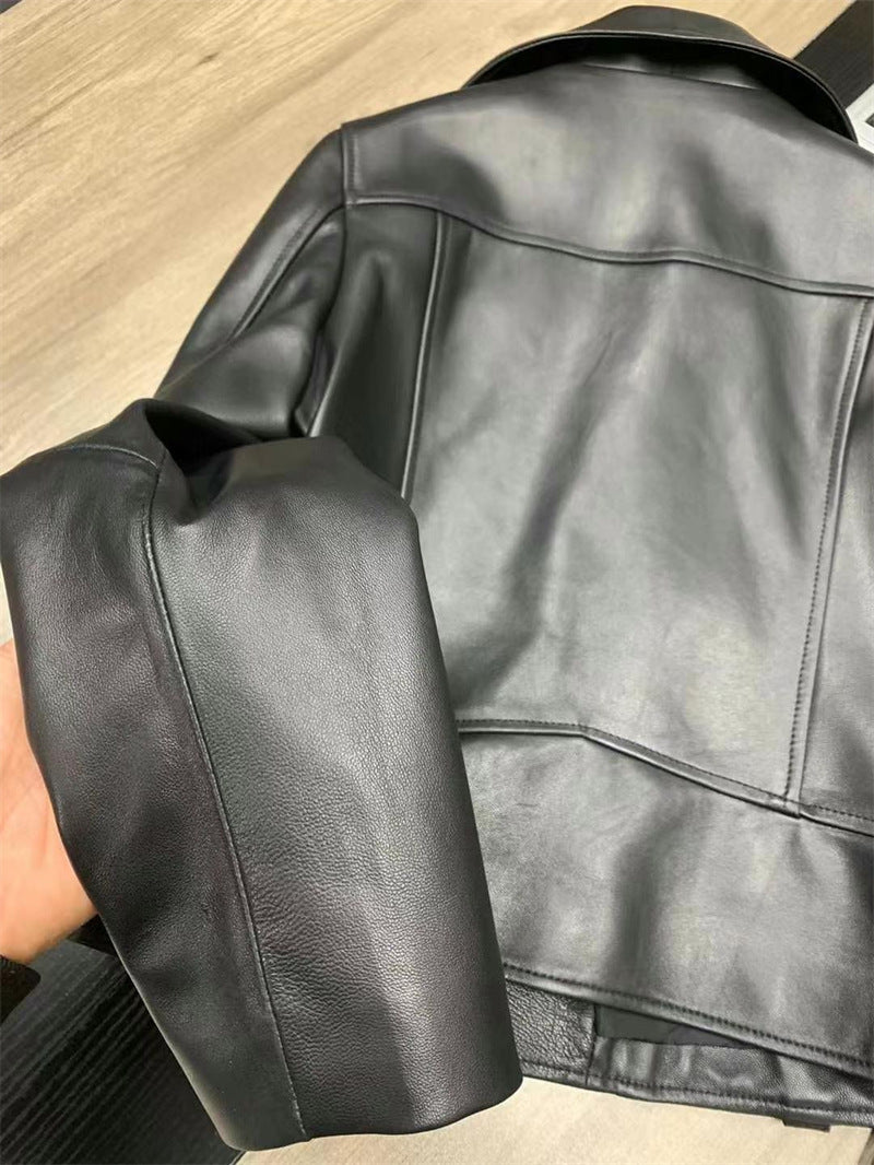 Women’s Genuine Leather Bomber Moto Jacket Black Short Fit