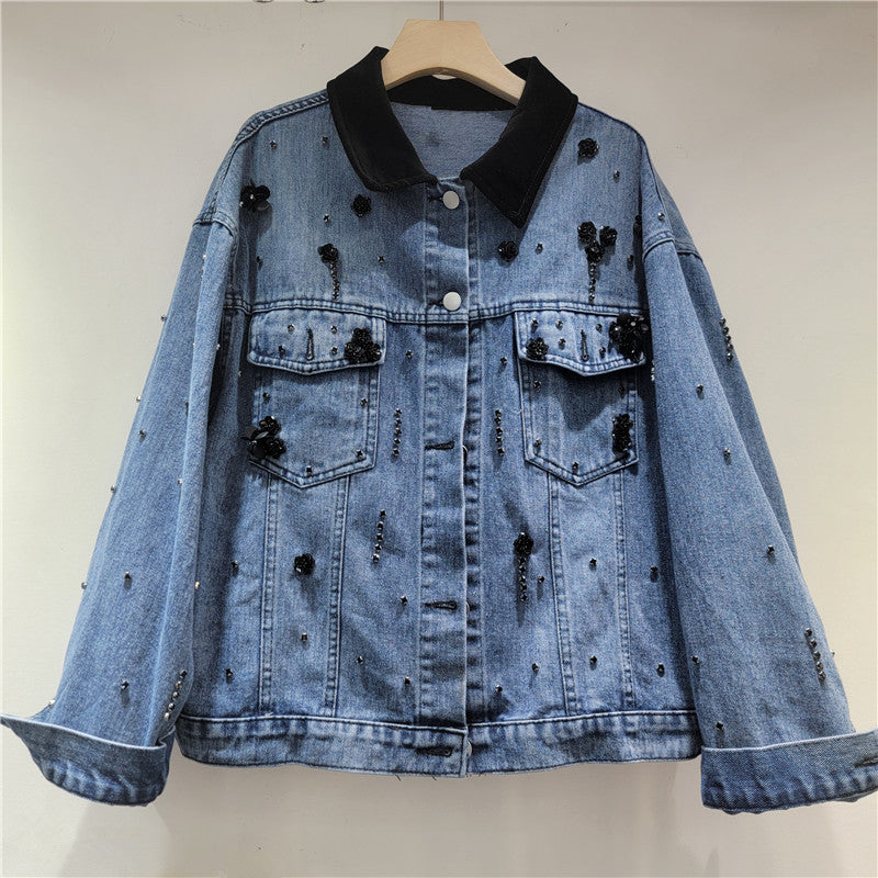 Women’s Contrast Collar Beaded Denim Jacket