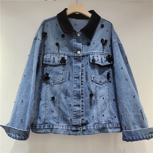 Women’s Contrast Collar Beaded Denim Jacket