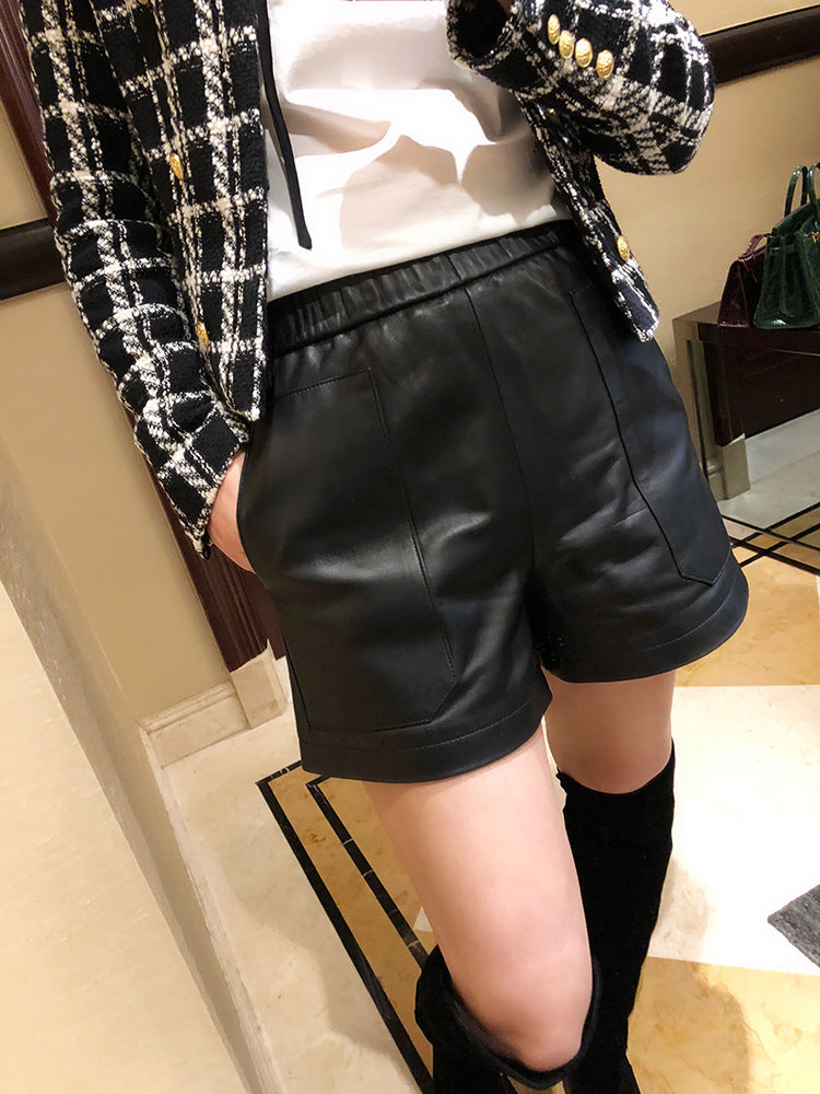 Women’s Genuine Sheepskin Leather High Waist Shorts with Pockets