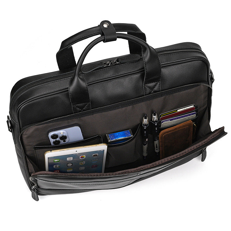 Genuine Leather Carry-On Office Bag with Trolley Strap