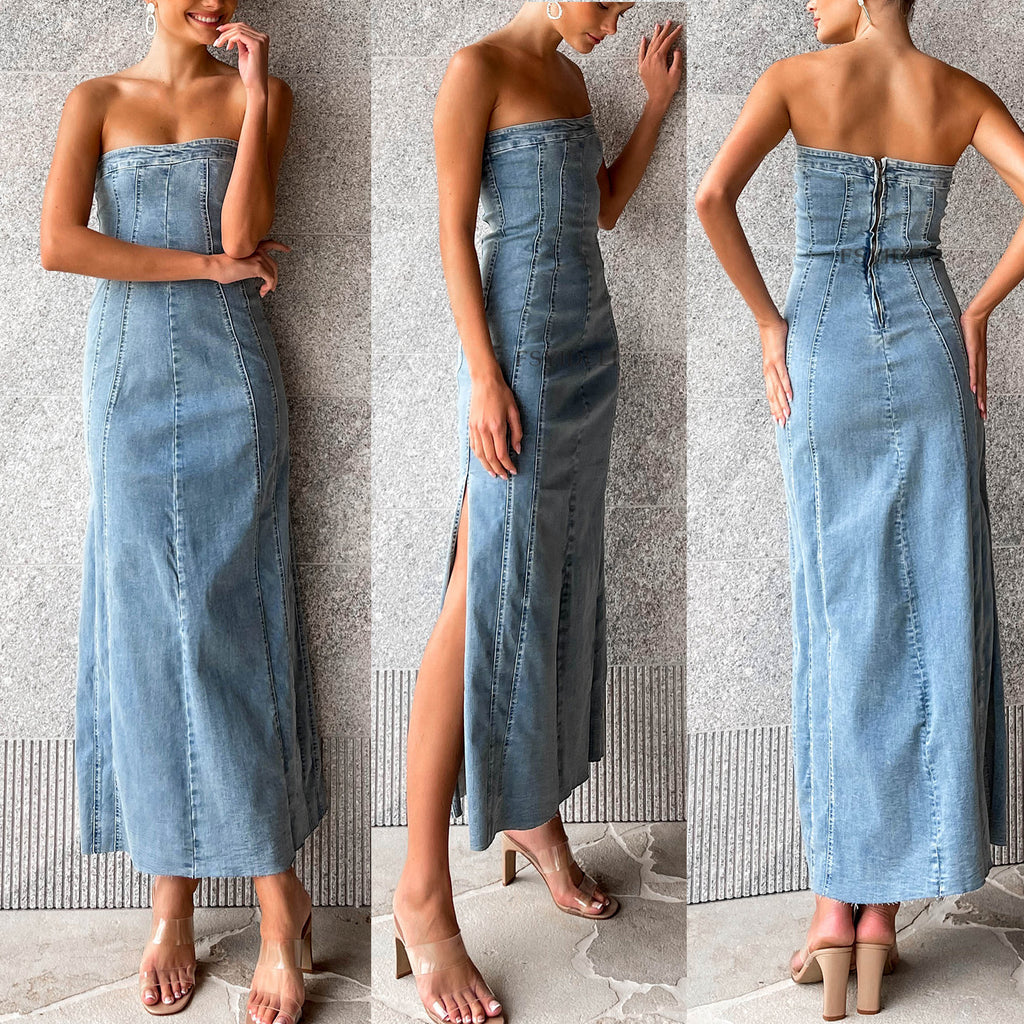 Strapless Denim Maxi Dress for Women Slim Fit With Side Slit