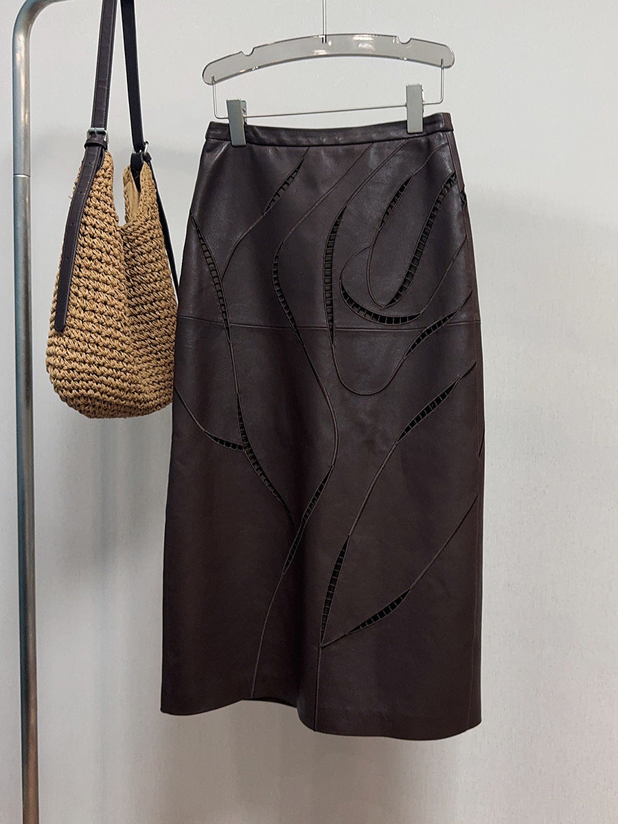 Women’s Leather Maxi Skirt with Embroidered Hollow Detailing