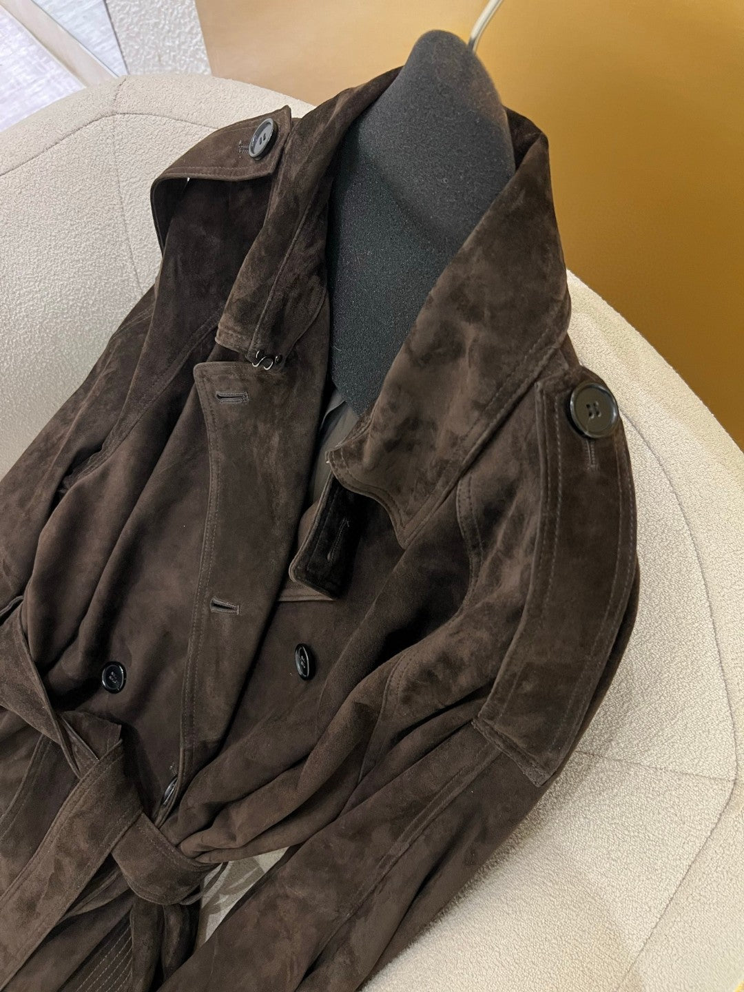 Women’s Brown Suede Double-Breasted Trench Coat with Belt