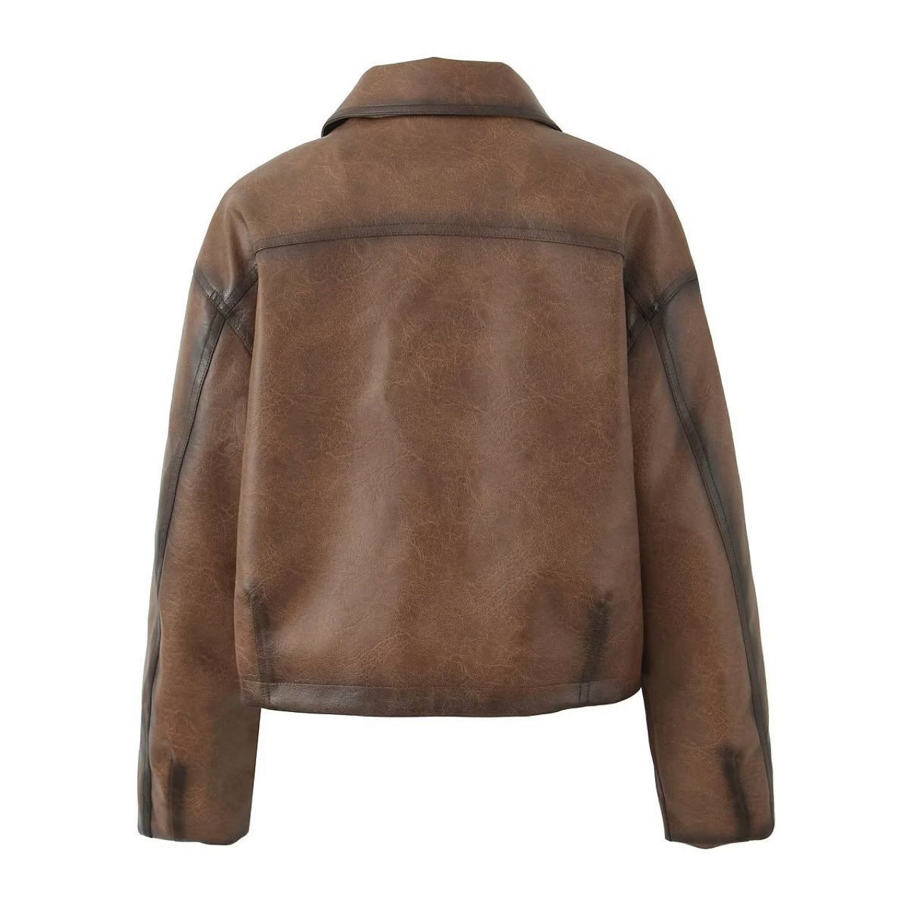 Brown Faux Leather Bomber Jacket for Women Cropped