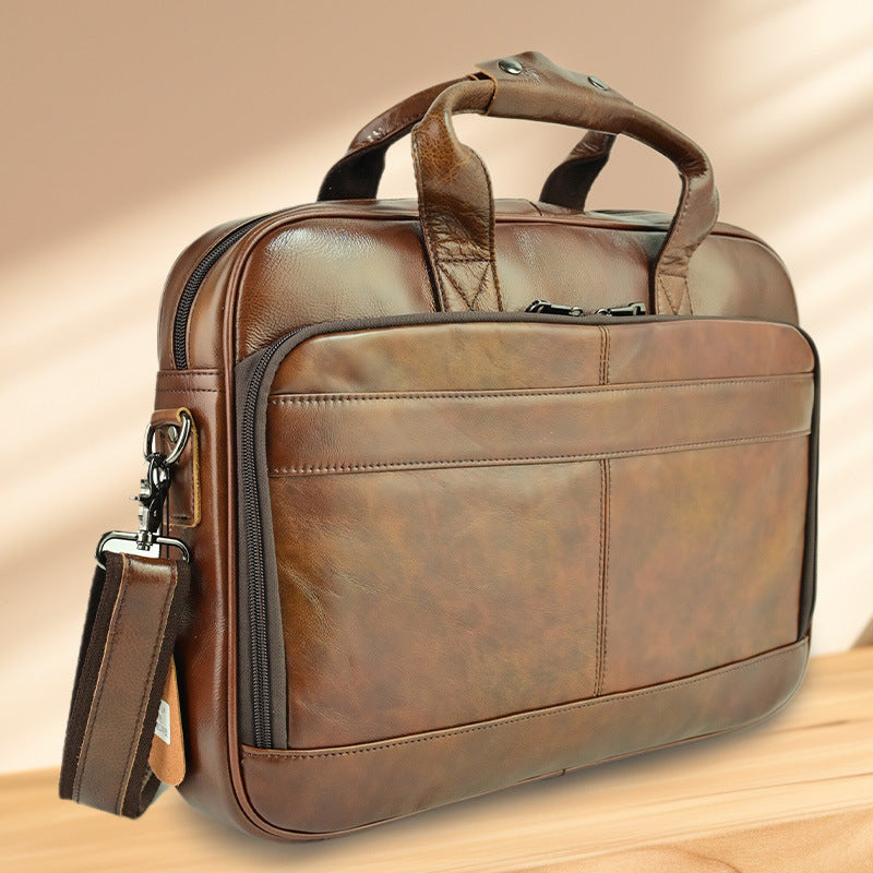 Men's Genuine Leather Office Bag With Trolley Strap