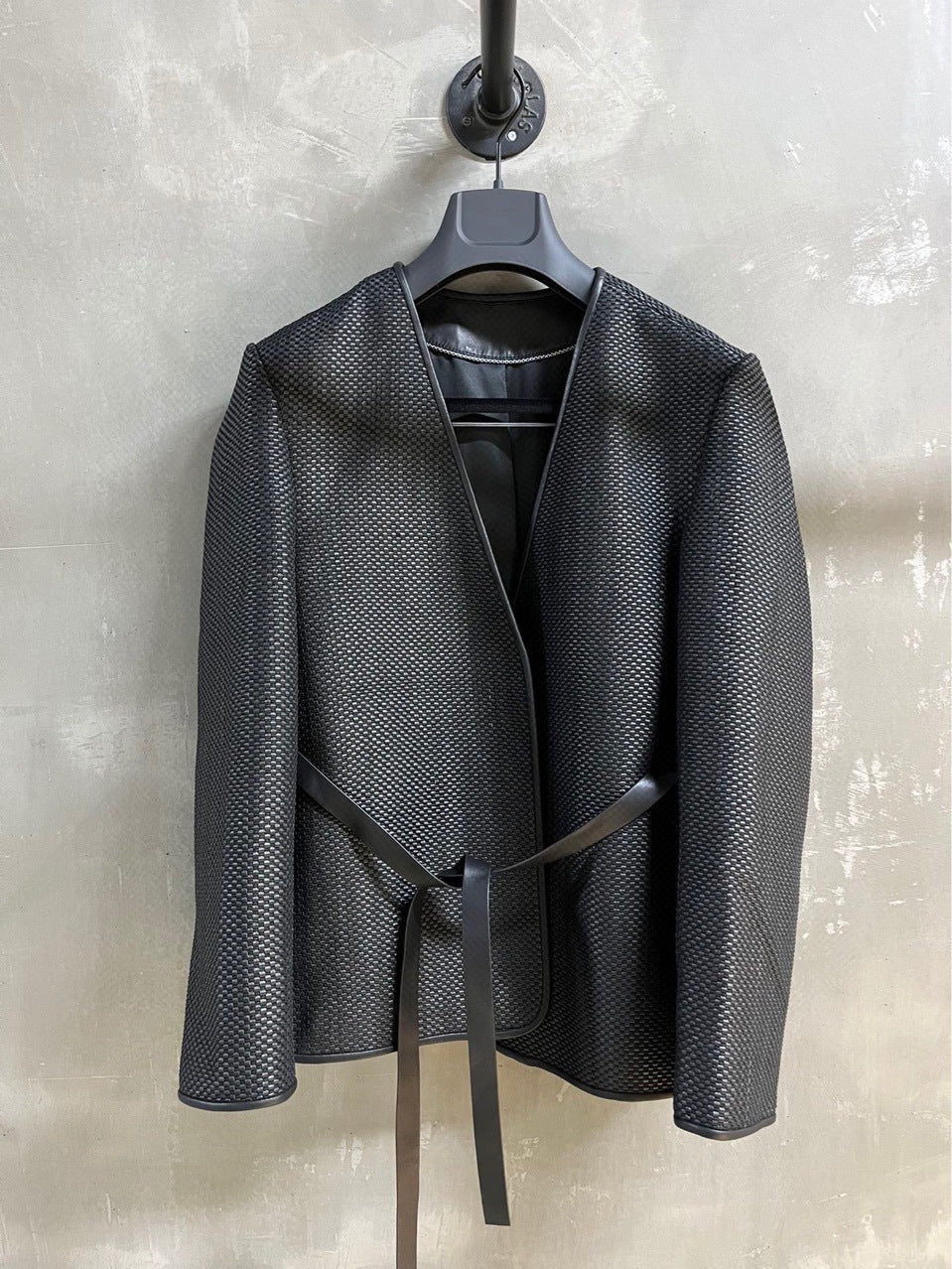 Women Hand Woven Leather Jacket with Open Front Belt
