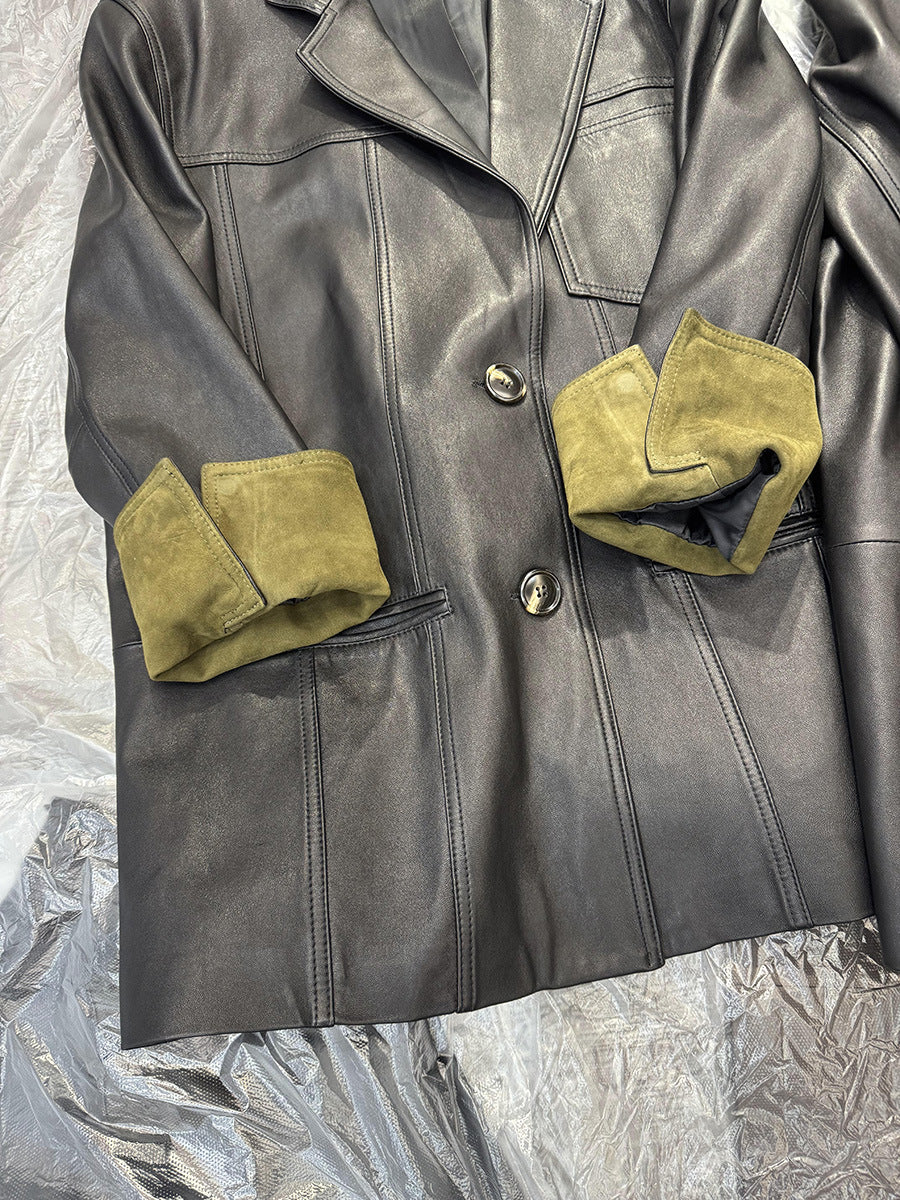 Women Leather Jacket Mid-Length Blazer with Suede Cuffs