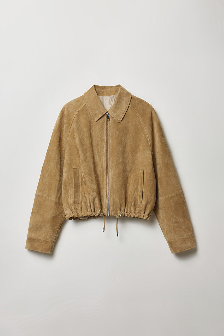 Tan Real Suede Leather Jacket for Women with Drawstring Hem