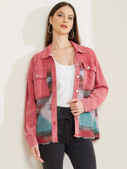 Oversized Denim Jacket for Women with Tribal Woven Back